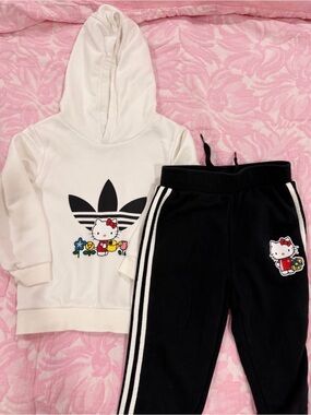 adidas Kids White Hoodie and Black Joggers Set with Hello Kitty